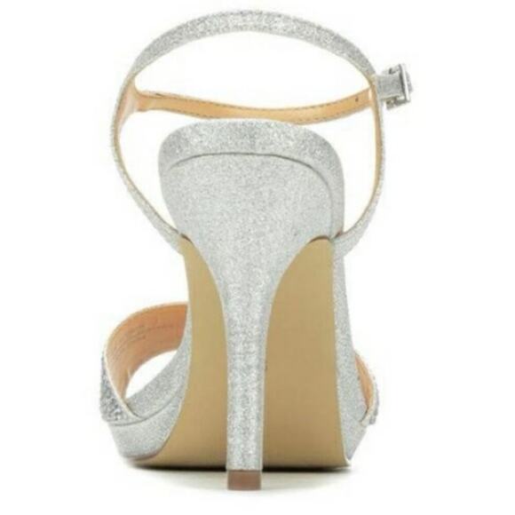 Badgley Mischka Silver Glitter Heels Sandals 10W Rhinestone Ankle Strap Dressy - Picture 5 of 16